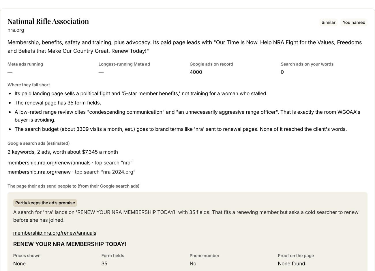 The Competitors tab of a real ACE Ad strategy report, showing one competitor's positioning, ad counts and landing page review