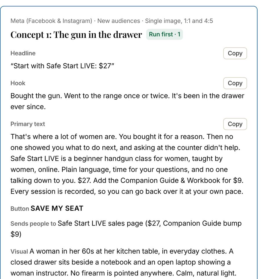 Suggested ad number one from a real ACE Ad strategy report: headline, hook, primary text, button, landing page and visual
