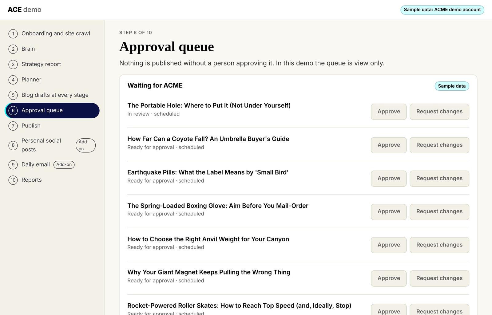 The approval queue in the ACE demo, with Approve and Request changes on each draft