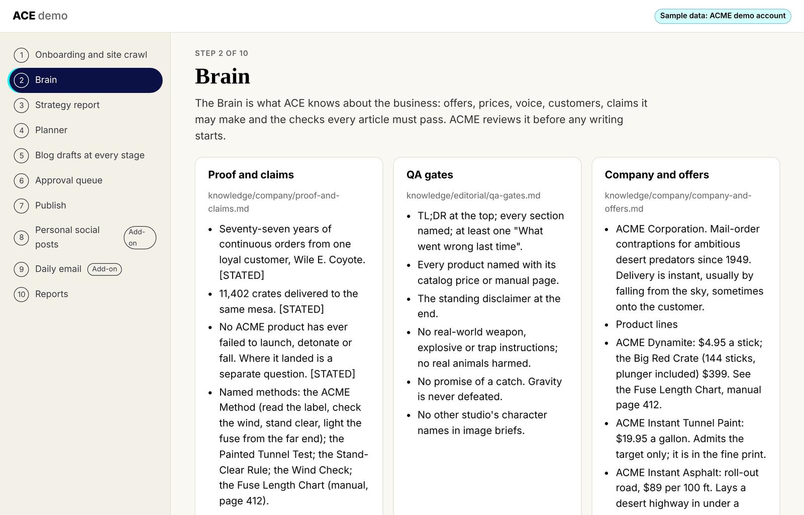 The Brain screen in the ACE demo, showing proof and claims, QA gates, and company offers