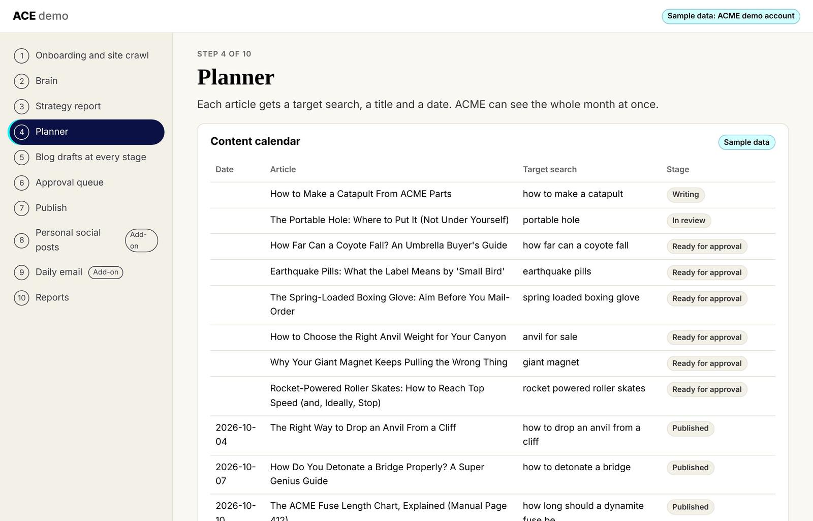 The content calendar in the ACE demo