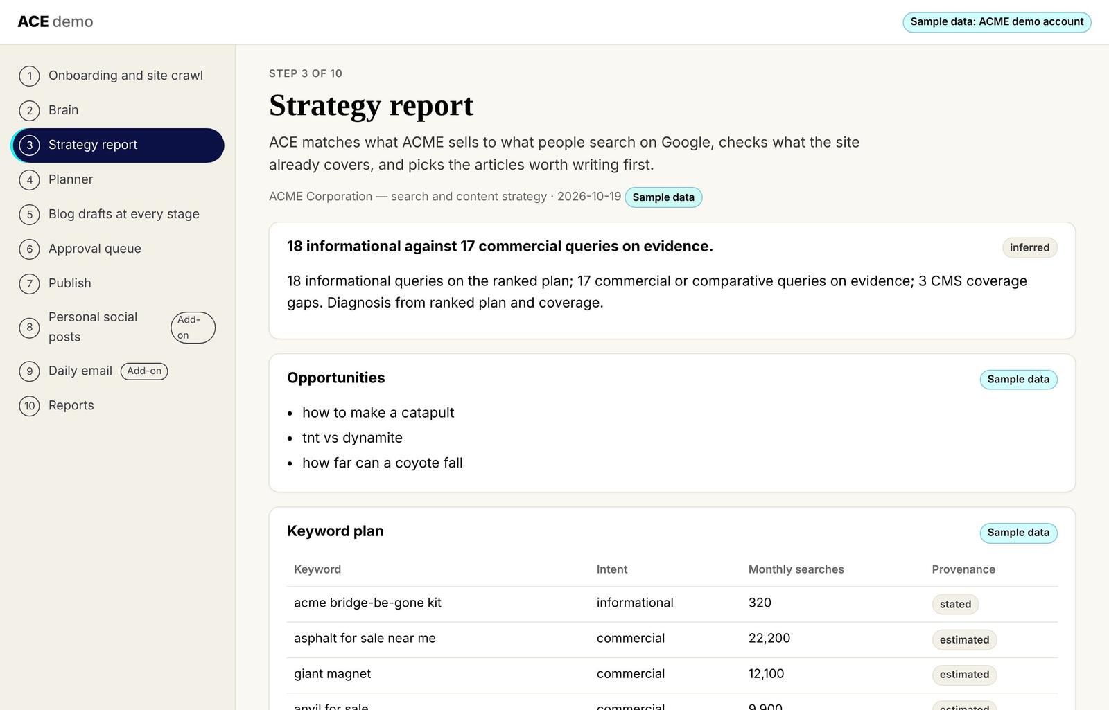 The strategy report in the ACE demo, with opportunities and a keyword plan