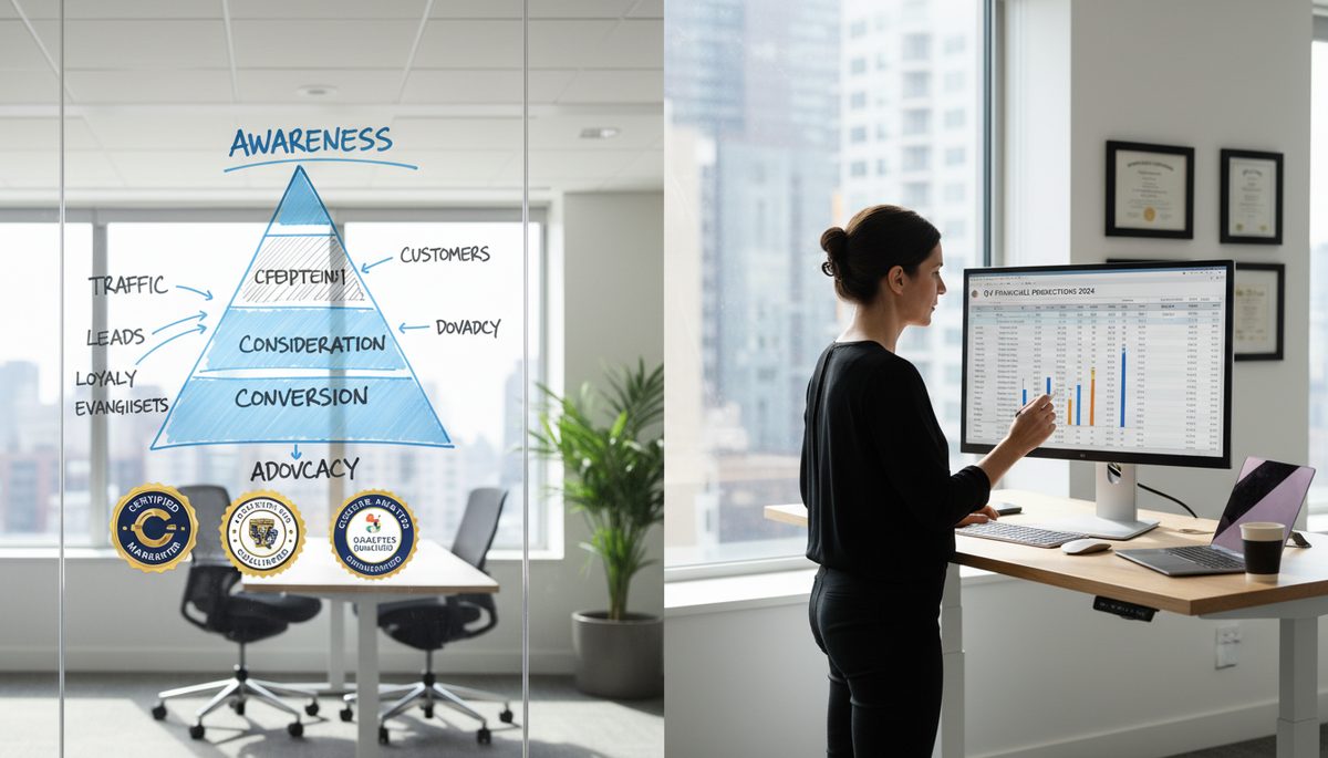 Two whiteboards side by side — one covered in marketing funnel diagrams, the other showing a business P&L with exit valuation at the top