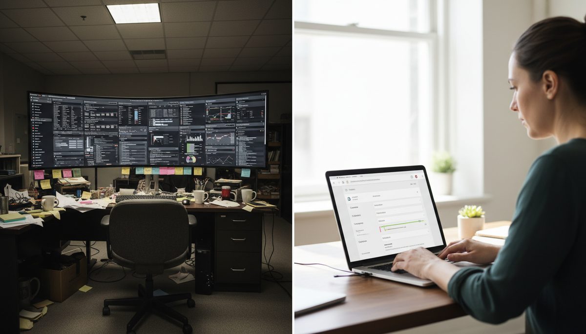 Split-screen showing a cluttered enterprise marketing dashboard on the left and a clean, minimal GHL operator dashboard on the right, documentary style, natural office light