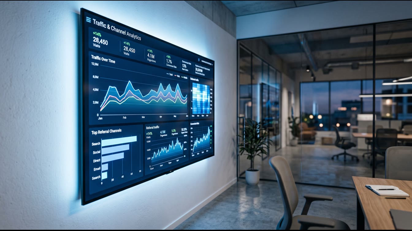 GA4 dashboard visualization showing AI-powered channel attribution with clear data flows