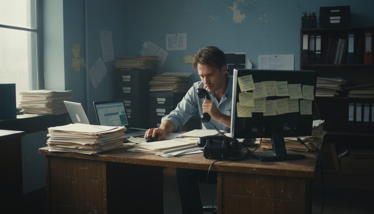 Owner-operator alone at a cluttered desk surrounded by incoming messages, phones, and open laptops, natural office light, documentary style